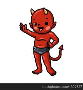 Cute little devil cartoon waving hand