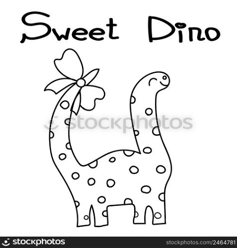 Cute little dinosaur with bow. Childish simple graphic. Vector illustration.. Cute little dinosaur with bow. Childish simple graphic. Vector hand drawn illustration.