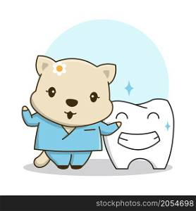 Cute Little Doctor Dentist Cat Clean Tooth Cartoon Friendly Dental Care