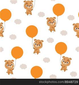 Cute little dog flying on balloon seamless childish pattern. Funny cartoon animal character for fabric, wrapping, textile, wallpaper, apparel. Vector illustration