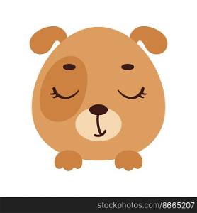 Cute little dog head with closed eyes. Cartoon animal character for kids t-shirts, nursery decoration, baby shower, greeting card, invitation, house interior. Vector stock illustration