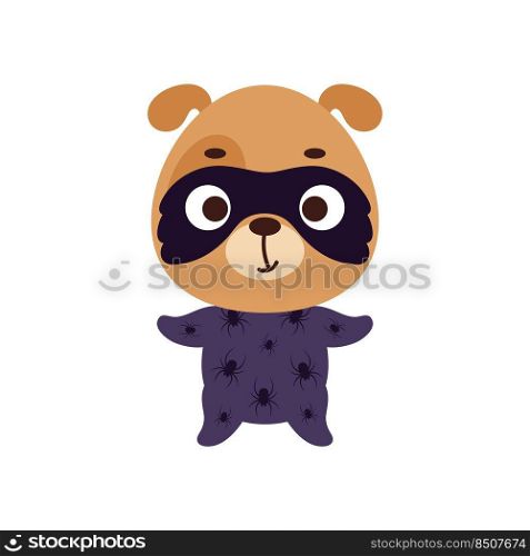Cute little dog in a Halloween costume. Cartoon animal character for kids t-shirts, nursery decoration, baby shower, greeting card, invitation, house interior. Vector stock illustration