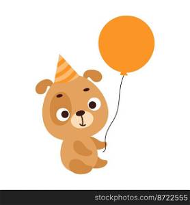 Cute little dog in birthday hat holding balloon. Cartoon animal character for kids t-shirt, nursery decoration, baby shower, greeting card, house interior. Vector stock illustration