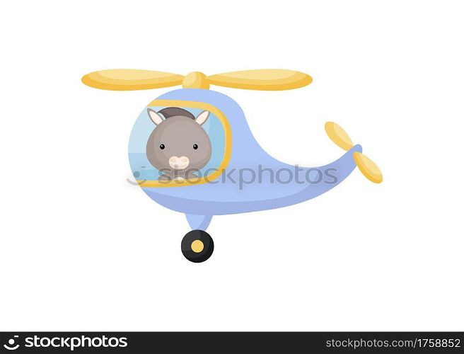 Cute little donkey pilot in blue helicopter. Cartoon character for childrens book, album, baby shower, greeting card, party invitation, house interior. Vector stock illustration.