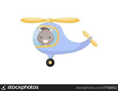 Cute little donkey pilot in blue helicopter. Cartoon character for childrens book, album, baby shower, greeting card, party invitation, house interior. Vector stock illustration.