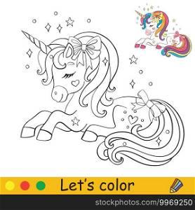 Cute little dreaming unicorn with sparkles. Coloring book page with colorful template. Vector cartoon illustration isolated on white background. For coloring book, preschool education, print and game.. Coloring vector cute little dreaming unicorn with sparkles