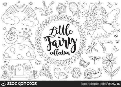 Cute little fairy set Coloring book page for kids. Collection of design element sketch outline style. Kids baby clip art funny smiling kit. Vector illustration.. Cute little fairy set Coloring book page for kids. Collection of design element sketch outline style. Kids baby clip art funny smiling kit. Vector illustration