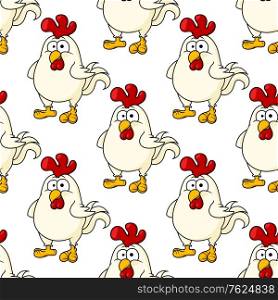 Cute little fat cartoon chicken or rooster seamless background pattern for an Easter celebration. Cute little fat cartoon chicken seamless pattern