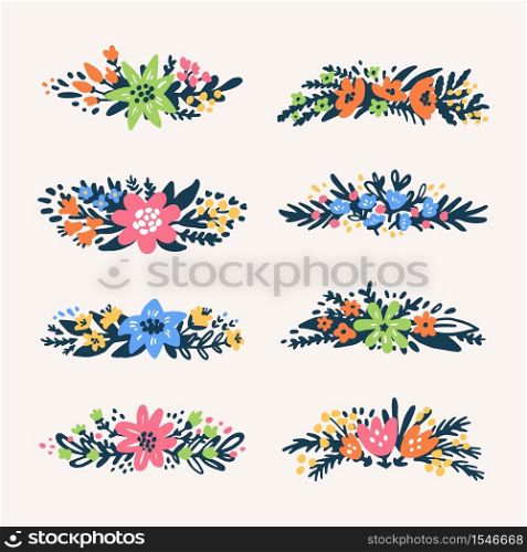 Cute little floral bouquets borders, retro styled flowers. Floral dividers set. Useful for create wedding cards, product packaging, logos, invitations, text design. Vector illustration. Cute little floral bouquets borders, retro styled flowers. Useful for create wedding cards, product packaging, logos, invitations, text design.