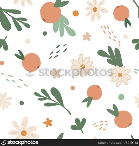 Cute little flowers and fruit seamless pattern. Simple daisy, orange and leaves floral wallpaper. Summer tropical backdrop. Design for fabric , textile print, surface, wrapping, cover. Cute little flowers and fruit seamless pattern. Simple daisy, orange and leaves floral wallpaper.