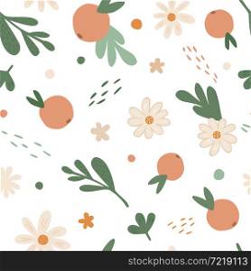 Cute little flowers and fruit seamless pattern. Simple daisy, orange and leaves floral wallpaper. Summer tropical backdrop. Design for fabric , textile print, surface, wrapping, cover. Cute little flowers and fruit seamless pattern. Simple daisy, orange and leaves floral wallpaper.