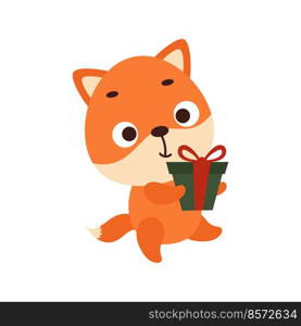 Cute little fox carries gift box on white background. Cartoon animal character for kids t-shirts, nursery decoration, baby shower, greeting card, invitation, house interior. Vector stock illustration