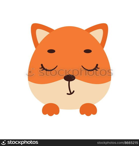 Cute little fox face with closed eyes. Cartoon animal character for kids t-shirts, nursery decoration, baby shower, greeting card, invitation, house interior. Vector stock illustration