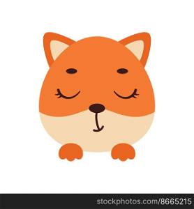 Cute little fox face with closed eyes. Cartoon animal character for kids t-shirts, nursery decoration, baby shower, greeting card, invitation, house interior. Vector stock illustration