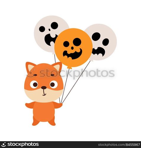 Cute little fox holding Halloween balloons. Cartoon animal character for kids t-shirts, nursery decoration, baby shower, greeting card, invitation. Vector stock illustration