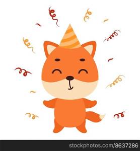 Cute little fox in birthday hat on white background. Cartoon animal character for kids t-shirt, nursery decoration, baby shower, greeting card, house interior. Vector stock illustration
