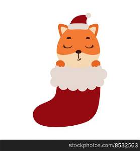Cute little fox in Christmas sock. Cartoon animal character for kids cards, baby shower, invitation, poster, t-shirt composition, house interior. Vector stock illustration.