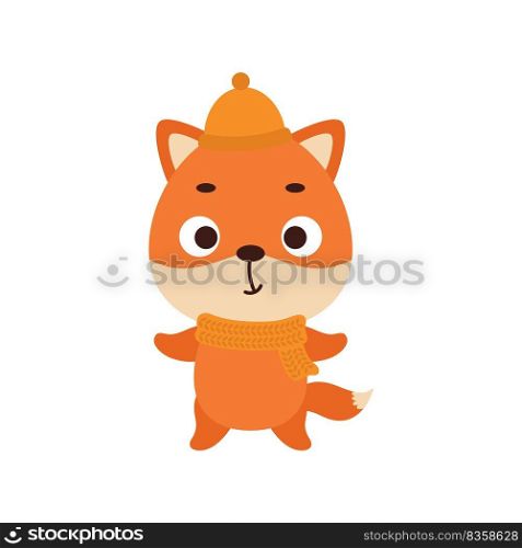 Cute little fox in hat and scarf. Cartoon animal character for kids t-shirts, nursery decoration, baby shower, greeting card, invitation, house interior. Vector stock illustration