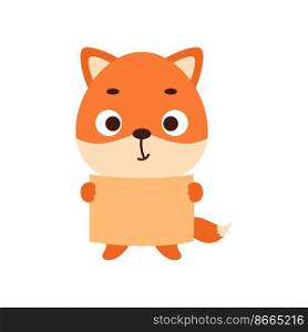 Cute little fox keeps paper sheet on white background. Cartoon animal character for kids t-shirt, nursery decoration, baby shower, greeting card, house interior. Vector stock illustration