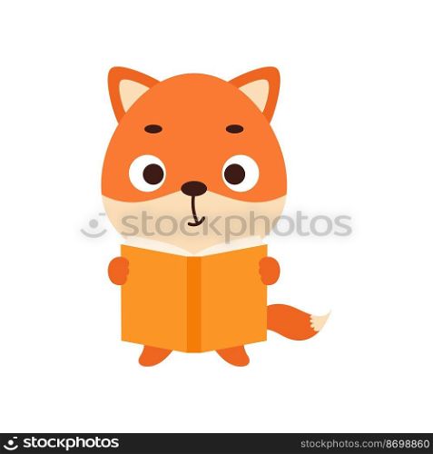 Cute little fox reads book on white background. Cartoon animal character for kids t-shirt, nursery decoration, baby shower, greeting card, house interior. Vector stock illustration