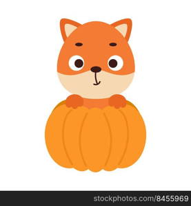 Cute little fox sitting in a pumpkin. Cartoon animal character for kids t-shirts, nursery decoration, baby shower, greeting card, invitation. Vector stock illustration