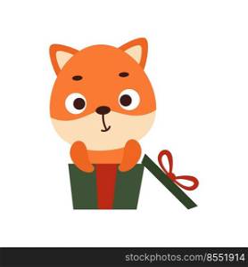 Cute little fox sitting in gift box. Cartoon animal character for kids t-shirts, nursery decoration, baby shower, greeting cards, house interior. Vector stock illustration.
