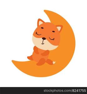 Cute little fox sleeping on moon. Cartoon animal character for kids t-shirt, nursery decoration, baby shower, greeting cards, invitations, house interior. Vector stock illustration