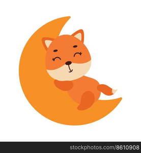 Cute little fox sleeping on moon. Cartoon animal character for kids t-shirt, nursery decoration, baby shower, greeting cards, invitations, house interior. Vector stock illustration