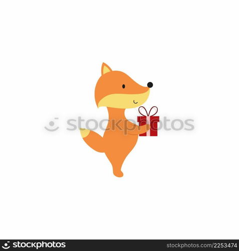 Cute little fox with a gift. Vector cartoon character for kids.