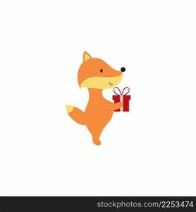 Cute little fox with a gift. Vector cartoon character for kids.