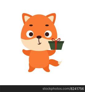 Cute little fox with gift box on white background. Cartoon animal character for kids t-shirts, nursery decoration, baby shower, greeting cards, invitations, house interior. Vector stock illustration.