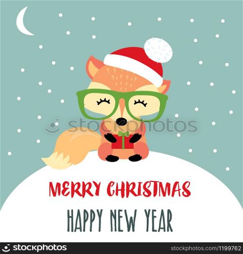 Cute little fox with red hat,glasses and gift,xmas card,vector illustration