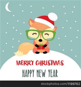 Cute little fox with red hat,glasses and gift,xmas card,vector illustration