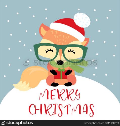 Cute little fox with red hat,scarf,glasses and gift,xmas greeting card,vector illustration