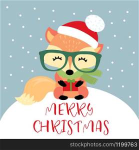 Cute little fox with red hat,scarf,glasses and gift,xmas greeting card,vector illustration