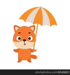 Cute little fox with umbrella. Cartoon animal character for kids t-shirts, nursery decoration, baby shower, greeting card, invitation, house interior. Vector stock illustration