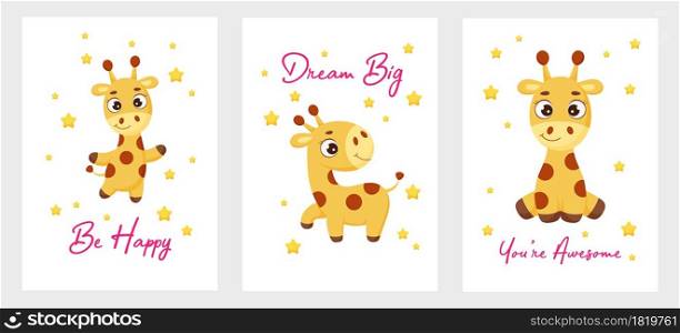 Cute little giraffe collection card template. Cartoon character for kids room decoration, nursery art, birthday party, baby shower. Bright stock vector illustration