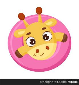 Cute little giraffe floats on pink circle. Funny cartoon character for print, greeting cards, baby shower, invitation, wallpapers, home decor. Bright colored childish stock vector illustration.