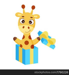 Cute little giraffe jumping from gift box. Funny cartoon character for print, greeting cards, baby shower, invitation, wallpapers, home decor. Bright colored childish stock vector illustration.