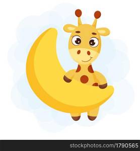 Cute little giraffe on moon. Funny cartoon character for print, greeting cards, baby shower, invitation, wallpapers, home decor. Bright colored childish stock vector illustration.