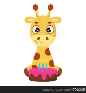 Cute little giraffe sitting with cake. Funny cartoon character for print, greeting cards, baby shower, invitation, wallpapers, home decor. Bright colored childish stock vector illustration.