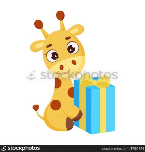 Cute little giraffe sitting with gift box. Funny cartoon character for print, greeting cards, baby shower, invitation, wallpapers, home decor. Bright colored childish stock vector illustration.
