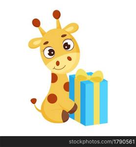 Cute little giraffe sitting with gift box. Funny cartoon character for print, greeting cards, baby shower, invitation, wallpapers, home decor. Bright colored childish stock vector illustration.
