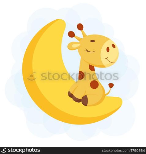 Cute little giraffe sleeping on moon. Funny cartoon character for print, greeting cards, baby shower, invitation, wallpapers, home decor. Bright colored childish stock vector illustration.