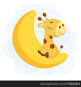 Cute little giraffe sleeping on moon. Funny cartoon character for print, greeting cards, baby shower, invitation, wallpapers, home decor. Bright colored childish stock vector illustration.
