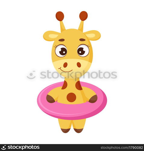 Cute little giraffe standing in pink circle. Funny cartoon character for print, greeting cards, baby shower, invitation, wallpapers, home decor. Bright colored childish stock vector illustration.
