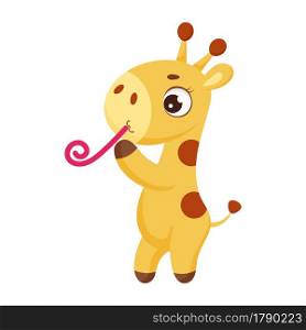 Cute little giraffe standing with pipe. Funny cartoon character for print, greeting cards, baby shower, invitation, wallpapers, home decor. Bright colored childish stock vector illustration.