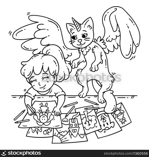 Cute little girl and her imaginary friend draw pictures. Illustration for coloring pages. Outline illustration. Black and white illustration.