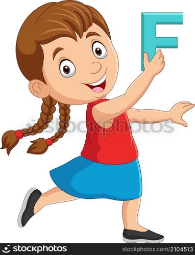 Cute little girl cartoon holding alphabet letter F