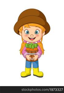 Cute little girl harvesting carrots